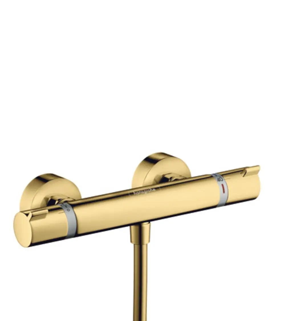 Brausethermostat in Goldoptik von Hansgrohe mit zwei Bedienknöpfen und Temperaturanzeige, zur Wandmontage geeignet.